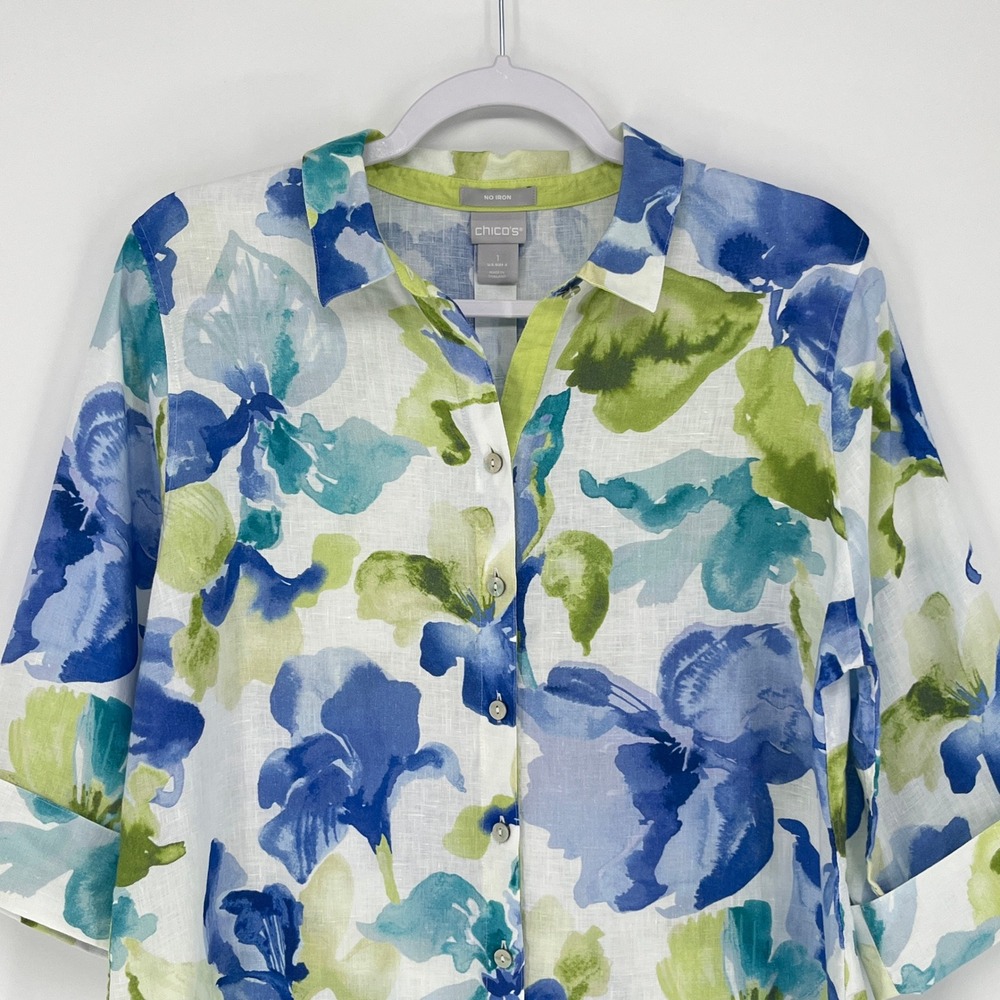 Chicos No Iron 100% Linen Floral Watercolor Button Down Shirt Size 1 US 8 - Picture 4 of 8